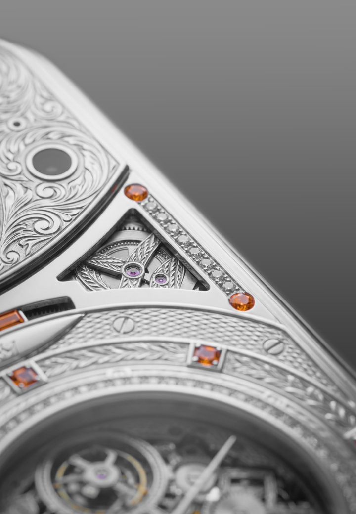 Hand-engraving, enamel, and logo details Portugieser