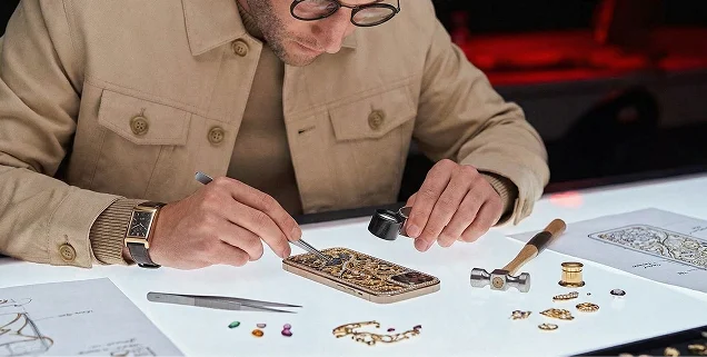 Мастер ателье Caviar за работой: инкрустация корпуса смартфона драгоценными камнями